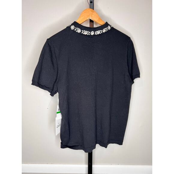 CeCe Embroidered Collar Short Sleeve Polo Sweater Rich Black Women's Size L NWT - Picture 6 of 9